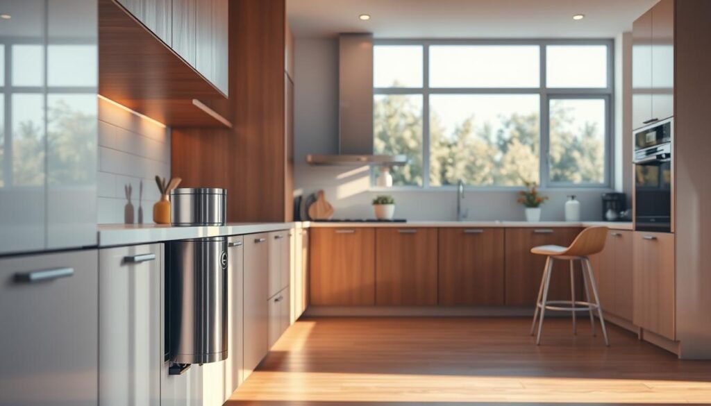 A beautifully lit, high-resolution image of a clean, modern kitchen interior. In the foreground, a sleek, stainless steel water purifier is installed seamlessly under the kitchen counter, its minimalist design blending harmoniously with the surrounding cabinetry. The middle ground showcases the well-organized kitchen layout, with ample counter space and high-end appliances. The background features large windows that flood the room with warm, natural light, creating a bright and airy atmosphere. The image conveys a sense of efficiency, practicality, and attention to detail, perfectly aligned with the "淨水器的安裝與維護須知" section of the article.