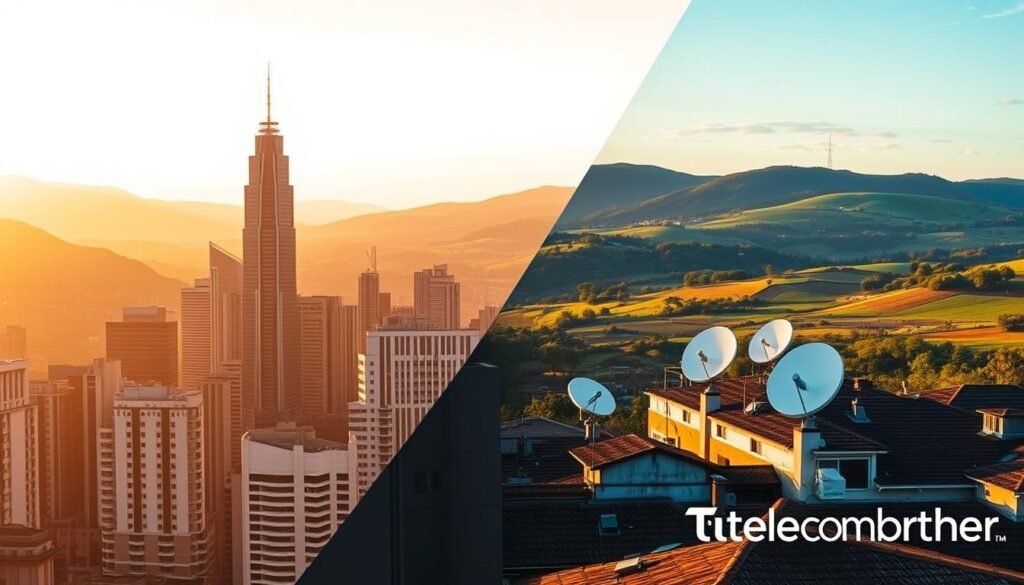 A comparative scene showcasing the discrepancy in satellite TV subscription rates between Hong Kong and overseas markets. In the foreground, a group of modern urban skyscrapers represents the Hong Kong cityscape, bathed in warm, golden evening light. In the middle ground, a series of satellite dishes on rooftops dramatize the connection to satellite TV services. In the background, a scenic countryside vista with rolling hills, lush greenery, and a clear blue sky evokes an overseas setting. The Telecombrother logo subtly graces the corner, highlighting the brand's role in enabling this comparative analysis. The overall mood is one of visual contrast, hinting at the disparities in consumer pricing across geographies. A comparative scene showcasing the discrepancy in satellite TV subscription rates between Hong Kong and overseas markets. In the foreground, a group of modern urban skyscrapers represents the Hong Kong cityscape, bathed in warm, golden evening light. In the middle ground, a series of satellite dishes on rooftops dramatize the connection to satellite TV services. In the background, a scenic countryside vista with rolling hills, lush greenery, and a clear blue sky evokes an overseas setting. The Telecombrother logo subtly graces the corner, highlighting the brand's role in enabling this comparative analysis. The overall mood is one of visual contrast, hinting at the disparities in consumer pricing across geographies.