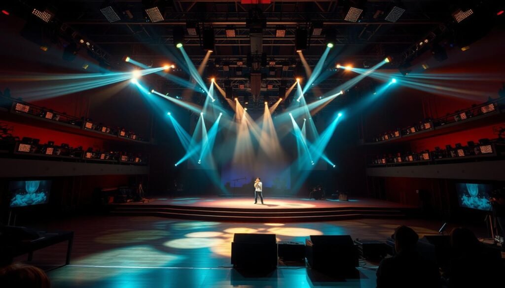 A mesmerizing stage adorned with a captivating array of Aloha professional lighting fixtures, meticulously arranged to create a visually stunning performance. The scene is bathed in a symphony of vibrant hues, from the brilliant whites that illuminate the center stage to the subtle, warm tones that set the mood along the peripheries. The lighting fixtures, elegantly designed with sleek lines and precise angles, cast dynamic beams that dance across the stage, heightening the drama and energy of the performance. The overall atmosphere is one of sophistication and technical prowess, perfectly complementing the talented performers who take the spotlight. A mesmerizing stage adorned with a captivating array of Aloha professional lighting fixtures, meticulously arranged to create a visually stunning performance. The scene is bathed in a symphony of vibrant hues, from the brilliant whites that illuminate the center stage to the subtle, warm tones that set the mood along the peripheries. The lighting fixtures, elegantly designed with sleek lines and precise angles, cast dynamic beams that dance across the stage, heightening the drama and energy of the performance. The overall atmosphere is one of sophistication and technical prowess, perfectly complementing the talented performers who take the spotlight.