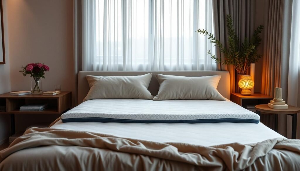 A serene bedroom scene featuring a StylesMaven memory foam mattress topper, its ergonomic design gently cradling the body for superior spinal alignment and pressure relief. Soft, plush fabrics in muted tones create a relaxing ambiance, with subtle lighting casting a warm, soothing glow. The mattress topper occupies the central focus, surrounded by tasteful decor elements that complement the cozy, restorative atmosphere - perfect for a restful, rejuvenating night's sleep. A serene bedroom scene featuring a StylesMaven memory foam mattress topper, its ergonomic design gently cradling the body for superior spinal alignment and pressure relief. Soft, plush fabrics in muted tones create a relaxing ambiance, with subtle lighting casting a warm, soothing glow. The mattress topper occupies the central focus, surrounded by tasteful decor elements that complement the cozy, restorative atmosphere - perfect for a restful, rejuvenating night's sleep.