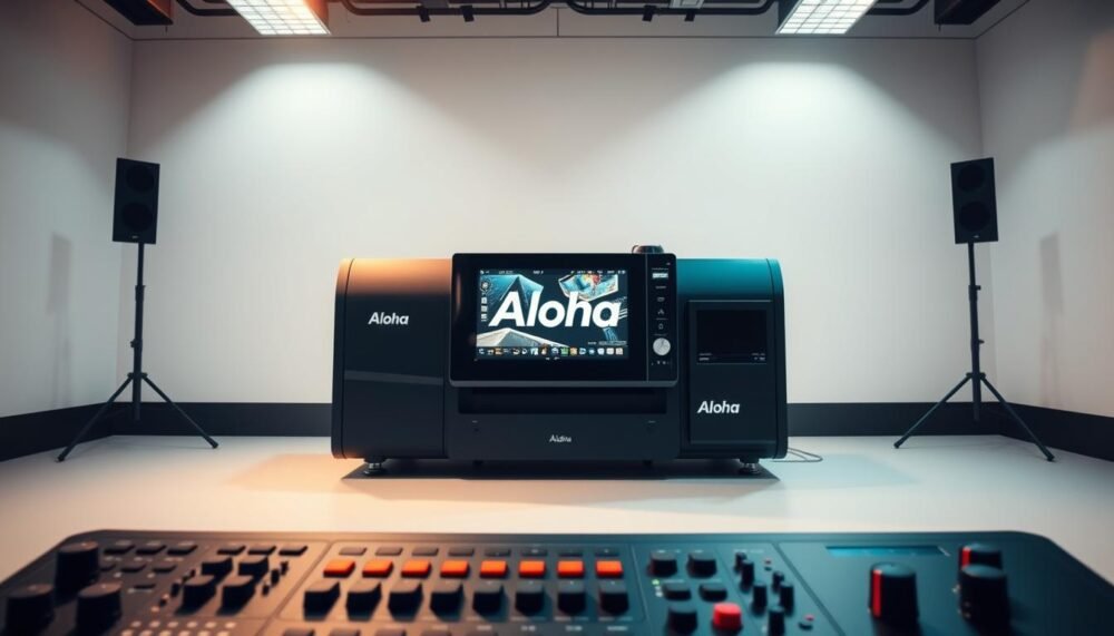 A sleek, modern subtitling machine with the Aloha logo prominently displayed. The device is situated in a well-lit, minimal studio setting, with a soft, diffused lighting creating a warm and professional atmosphere. The subtitling machine's screen showcases a dynamic, animated interface, hinting at its advanced capabilities. In the foreground, various control interfaces and input devices are neatly arranged, suggesting the machine's versatility and user-friendly design. The background features a clean, minimalist backdrop, allowing the subtitling machine to take center stage and emphasize its technological sophistication.