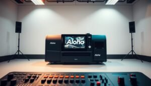 A sleek, modern subtitling machine with the Aloha logo prominently displayed. The device is situated in a well-lit, minimal studio setting, with a soft, diffused lighting creating a warm and professional atmosphere. The subtitling machine's screen showcases a dynamic, animated interface, hinting at its advanced capabilities. In the foreground, various control interfaces and input devices are neatly arranged, suggesting the machine's versatility and user-friendly design. The background features a clean, minimalist backdrop, allowing the subtitling machine to take center stage and emphasize its technological sophistication.