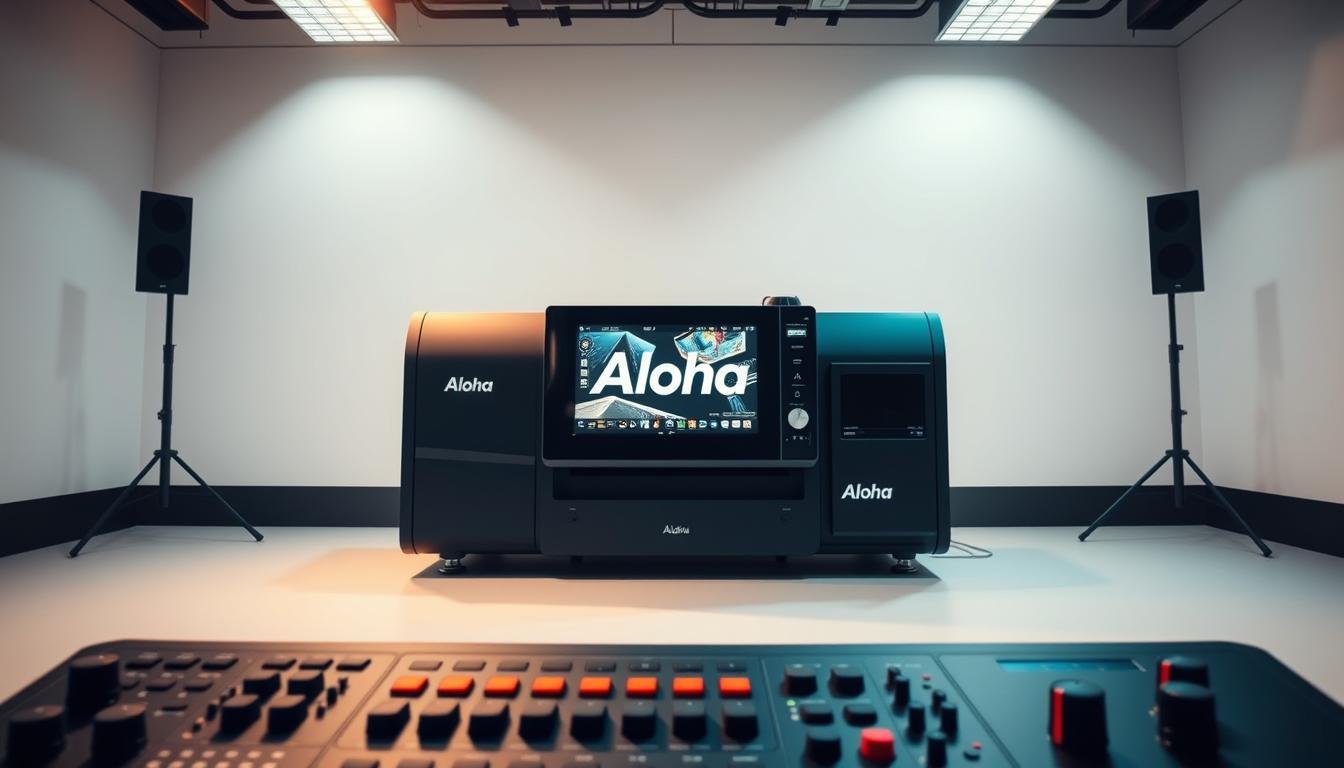 A sleek, modern subtitling machine with the Aloha logo prominently displayed. The device is situated in a well-lit, minimal studio setting, with a soft, diffused lighting creating a warm and professional atmosphere. The subtitling machine's screen showcases a dynamic, animated interface, hinting at its advanced capabilities. In the foreground, various control interfaces and input devices are neatly arranged, suggesting the machine's versatility and user-friendly design. The background features a clean, minimalist backdrop, allowing the subtitling machine to take center stage and emphasize its technological sophistication.