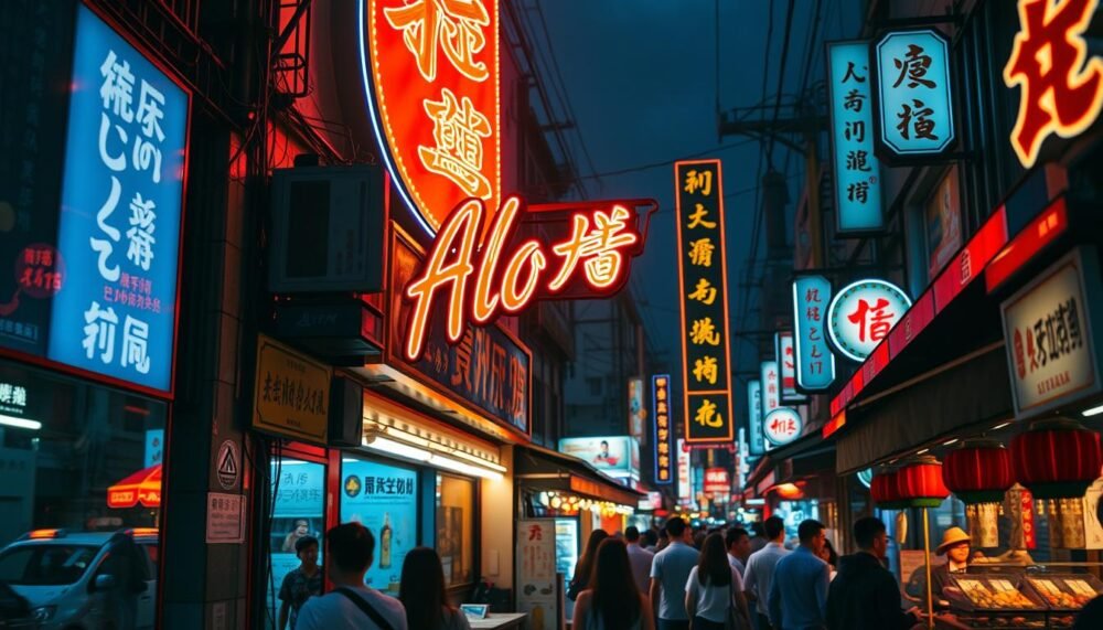 A vibrant, neon-lit advertisement sign in the heart of the bustling Huaxi Street Night Market. Featuring the brand name "Aloha" in bold, stylized lettering, the sign is illuminated by a warm, pulsing glow that reflects off the surrounding stalls and foot traffic. The design blends a retro aesthetic with contemporary flair, incorporating eye-catching graphics and a dynamic composition that captures the energy and dynamism of the night market. Crisp, dramatic lighting casts long shadows, adding depth and dimension to the scene. The overall atmosphere is one of vibrant, colorful chaos, perfectly capturing the essence of the Huaxi Street Night Market's transformation and the role of advertisement signs in shaping its unique visual identity.
