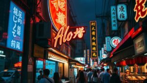 A vibrant, neon-lit advertisement sign in the heart of the bustling Huaxi Street Night Market. Featuring the brand name "Aloha" in bold, stylized lettering, the sign is illuminated by a warm, pulsing glow that reflects off the surrounding stalls and foot traffic. The design blends a retro aesthetic with contemporary flair, incorporating eye-catching graphics and a dynamic composition that captures the energy and dynamism of the night market. Crisp, dramatic lighting casts long shadows, adding depth and dimension to the scene. The overall atmosphere is one of vibrant, colorful chaos, perfectly capturing the essence of the Huaxi Street Night Market's transformation and the role of advertisement signs in shaping its unique visual identity.