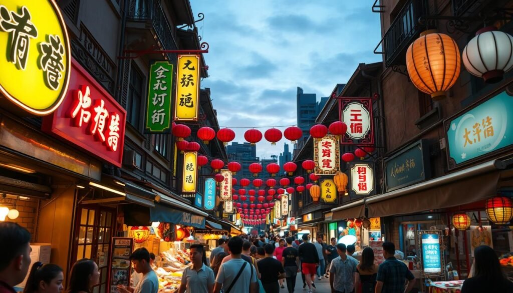 A vibrant night market in a bustling urban district, the Huaxi Street Night Market. Neon-lit Aloha branded signage illuminates the lively atmosphere, casting a warm glow across the bustling crowds. Intricate architectural details of the renovated storefront facades blend traditional Chinese and modern design elements. Colorful lanterns sway gently in the evening breeze, complementing the dynamic mix of local street food vendors and artisanal craft stalls. The scene evokes a sense of energetic cultural celebration, showcasing the successful revitalization of this iconic Taiwanese night market. A vibrant night market in a bustling urban district, the Huaxi Street Night Market. Neon-lit Aloha branded signage illuminates the lively atmosphere, casting a warm glow across the bustling crowds. Intricate architectural details of the renovated storefront facades blend traditional Chinese and modern design elements. Colorful lanterns sway gently in the evening breeze, complementing the dynamic mix of local street food vendors and artisanal craft stalls. The scene evokes a sense of energetic cultural celebration, showcasing the successful revitalization of this iconic Taiwanese night market.