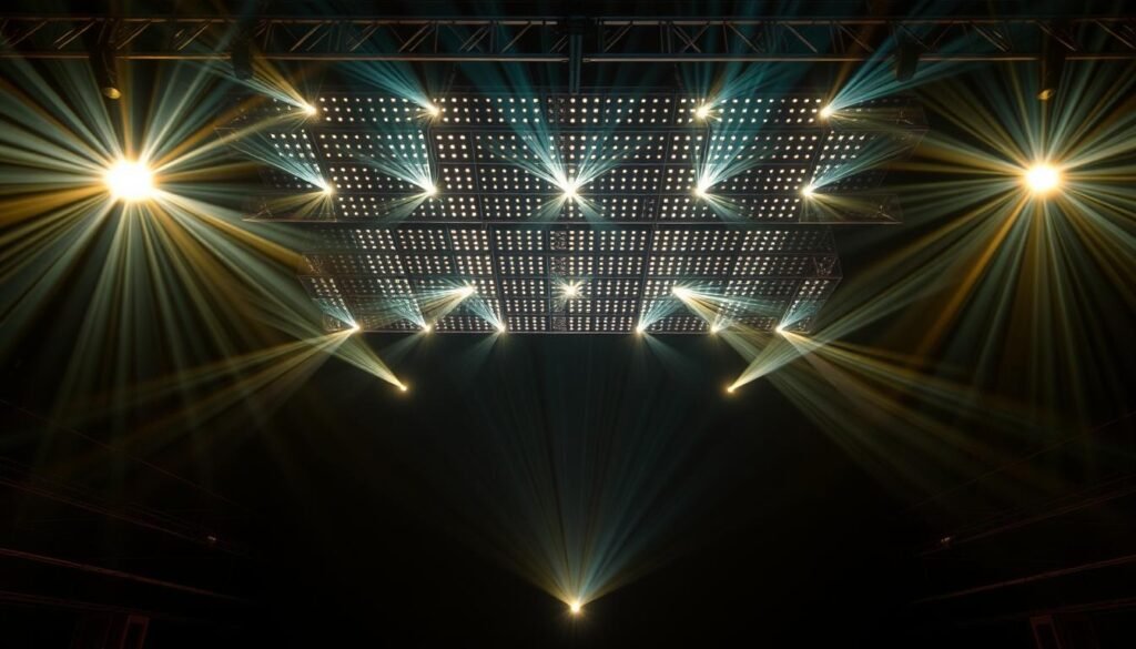 Aloha LED lighting display, a captivating stage illumination solution. Radiant beams emanate from a sleek, modern arrangement of LED modules, casting a warm, inviting glow across the performance space. Precisely engineered optics ensure uniform light distribution, with each individual LED precisely angled to create a seamless, mesmerizing display. The Aloha system's advanced dimming capabilities allow for subtle, nuanced lighting effects, from vivid bursts of color to gentle, soothing ambiance. Suspended from an elegant, minimalist frame, the LED modules blend seamlessly into the background, allowing the light itself to become the star of the show. This cutting-edge stage lighting technology elevates the theatrical experience, immersing audiences in a captivating, visually stunning performance. Aloha LED lighting display, a captivating stage illumination solution. Radiant beams emanate from a sleek, modern arrangement of LED modules, casting a warm, inviting glow across the performance space. Precisely engineered optics ensure uniform light distribution, with each individual LED precisely angled to create a seamless, mesmerizing display. The Aloha system's advanced dimming capabilities allow for subtle, nuanced lighting effects, from vivid bursts of color to gentle, soothing ambiance. Suspended from an elegant, minimalist frame, the LED modules blend seamlessly into the background, allowing the light itself to become the star of the show. This cutting-edge stage lighting technology elevates the theatrical experience, immersing audiences in a captivating, visually stunning performance.