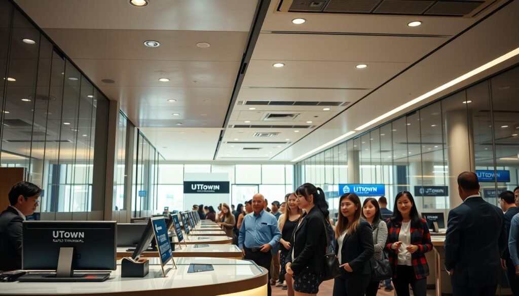 A bustling bank interior with sleek, modern decor and glass walls. In the foreground, a customer service counter with a prominent "UTown Rapid Withdrawal" sign. Tellers dressed in professional attire efficiently assisting customers. Soft, indirect lighting casts a warm glow, creating a welcoming atmosphere. In the middle ground, a line of customers waiting their turn, their faces conveying a sense of ease and satisfaction. The background features additional service stations and an open floor plan, suggesting a streamlined, efficient banking experience. An overall impression of speed, convenience, and reliable financial services. A bustling bank interior with sleek, modern decor and glass walls. In the foreground, a customer service counter with a prominent "UTown Rapid Withdrawal" sign. Tellers dressed in professional attire efficiently assisting customers. Soft, indirect lighting casts a warm glow, creating a welcoming atmosphere. In the middle ground, a line of customers waiting their turn, their faces conveying a sense of ease and satisfaction. The background features additional service stations and an open floor plan, suggesting a streamlined, efficient banking experience. An overall impression of speed, convenience, and reliable financial services.