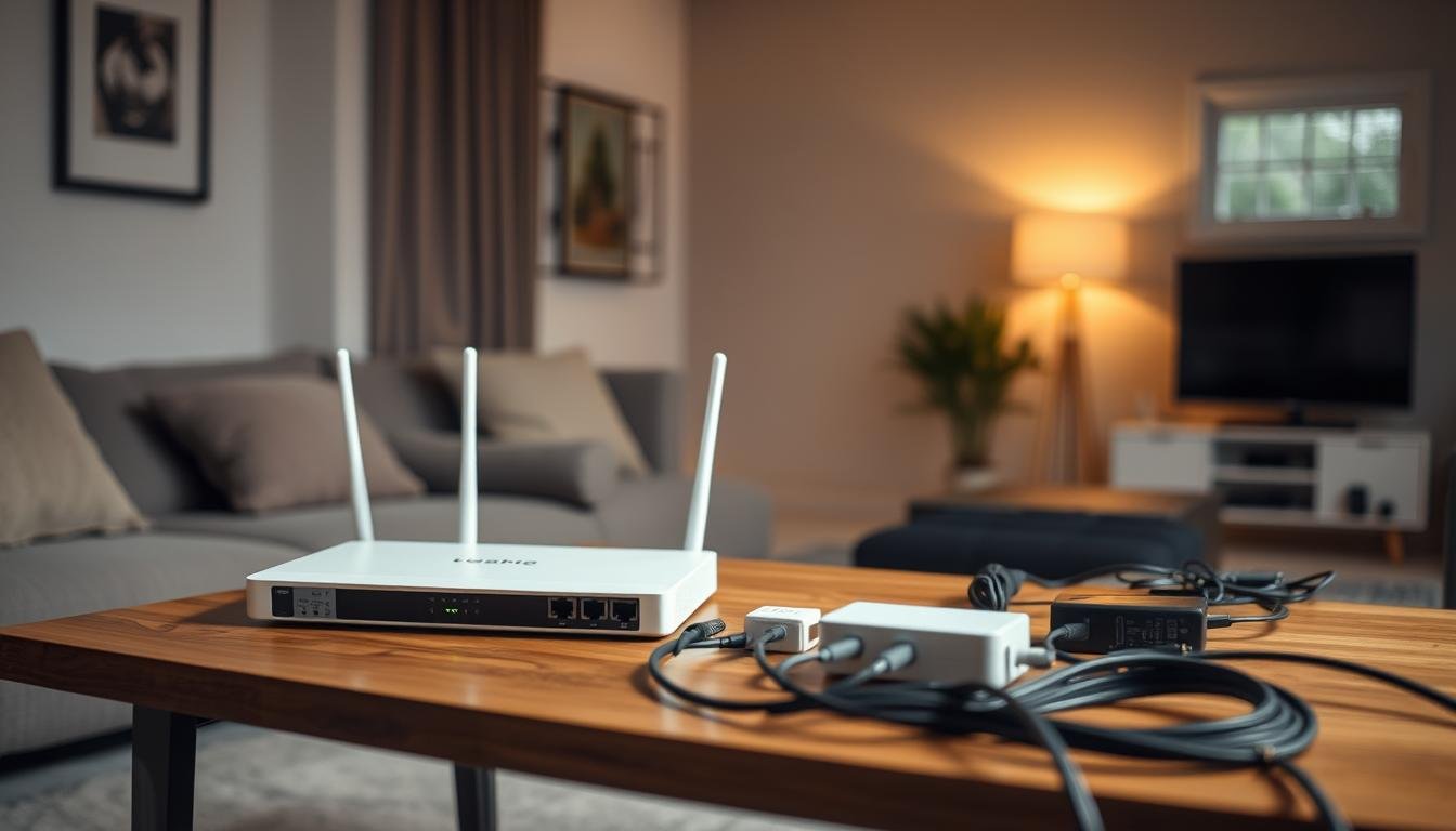 A cozy home interior with a Telecombrother router prominently displayed on a wooden table. Soft, warm lighting illuminates the scene, casting a gentle glow. On the table, various networking devices and cables are neatly organized, suggesting a comparison of home broadband options. The background features a minimalist, modern decor with neutral tones, allowing the networking equipment to take center stage. The overall atmosphere is one of thoughtful consideration, inviting the viewer to explore the pros and cons of different home broadband solutions.
