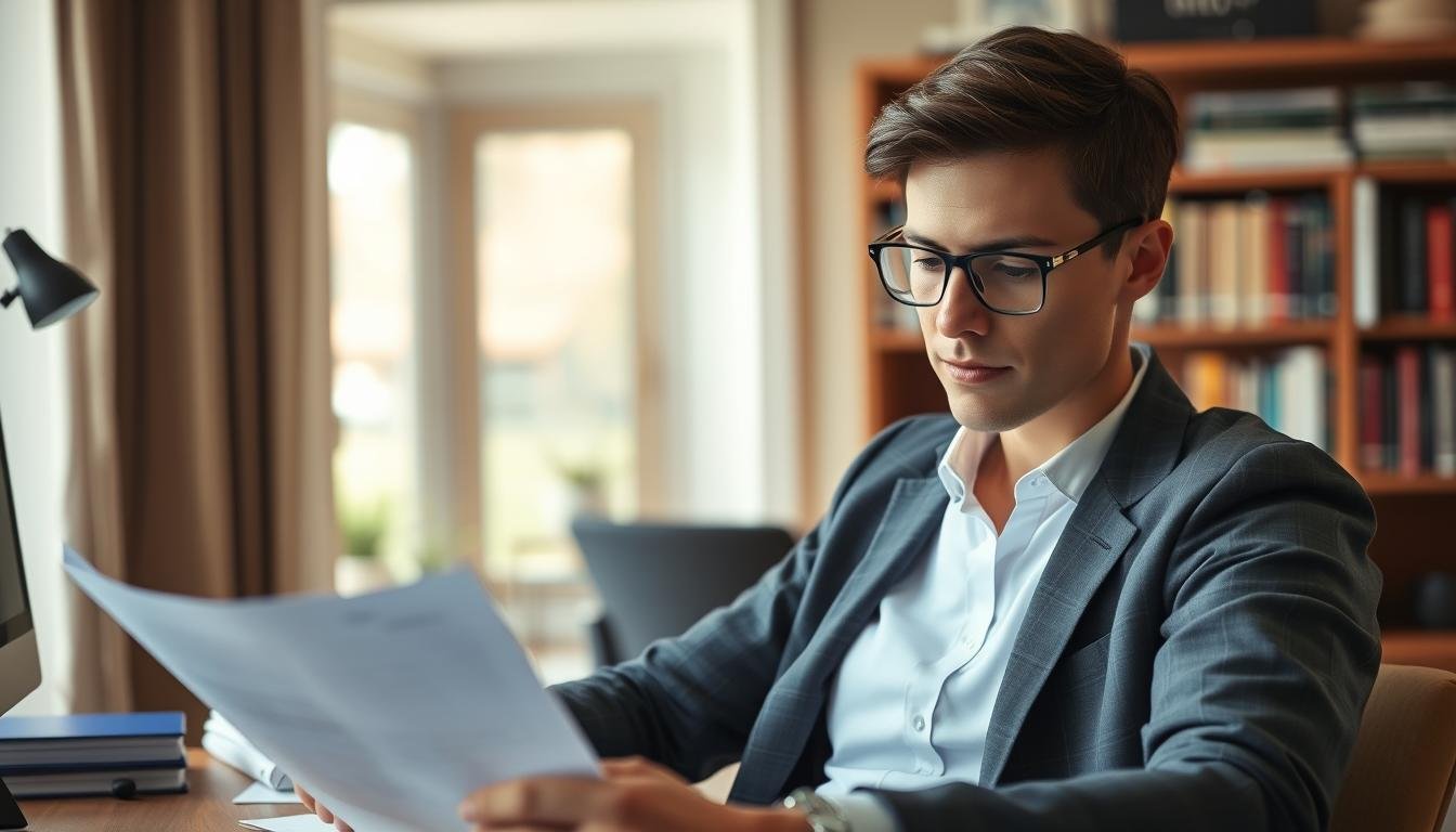 A detailed, high-resolution image of a person carefully reviewing a small loan contract, with a thoughtful expression on their face. The scene is set in a cozy home office, with a warm, wooden desk, and a bookshelf in the background. Soft, natural lighting from a nearby window casts a subtle glow on the scene. The person is dressed in casual, business-casual attire, and their posture conveys a sense of caution and consideration as they navigate the potential risks and responsibilities of a small loan. The image should effectively convey the themes of financial caution and the need to carefully weigh the risks and benefits of small-scale borrowing.