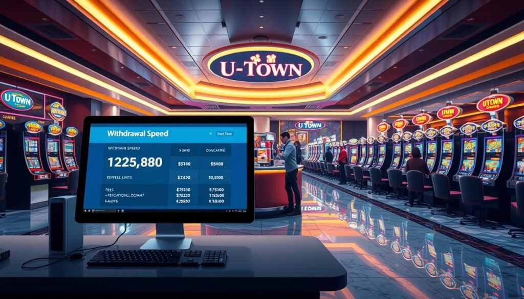 A detailed illustration of a U-Town casino's withdrawal speed and limits. Set in a sleek, modern casino interior with marble floors, ambient lighting, and a prominent U-Town logo. In the foreground, a desktop computer displays withdrawal statistics and fees. In the middle ground, a customer service representative assists a patron. The background features rows of slot machines and gaming tables, conveying the bustling atmosphere of the casino. The scene exudes a sense of efficiency, professionalism, and a focus on providing a seamless withdrawal experience for U-Town's clientele. A detailed illustration of a U-Town casino's withdrawal speed and limits. Set in a sleek, modern casino interior with marble floors, ambient lighting, and a prominent U-Town logo. In the foreground, a desktop computer displays withdrawal statistics and fees. In the middle ground, a customer service representative assists a patron. The background features rows of slot machines and gaming tables, conveying the bustling atmosphere of the casino. The scene exudes a sense of efficiency, professionalism, and a focus on providing a seamless withdrawal experience for U-Town's clientele.