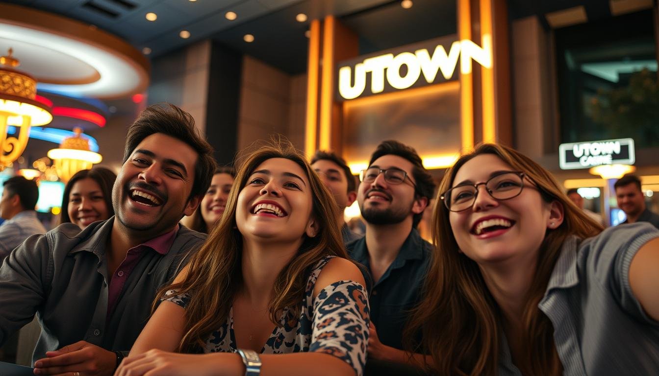 A group of diverse individuals enjoying their time at the UTown entertainment complex, their faces alight with excitement and satisfaction. The scene is bathed in a warm, golden glow, creating a sense of comfort and belonging. In the background, the sleek, modern architecture of the UTown casino is visible, hinting at the high-quality facilities and services offered. The composition is balanced, with the players in the foreground capturing the viewer's attention, while the setting provides context and a sense of place. The overall mood is one of contentment, suggesting a positive and rewarding experience for the UTown patrons.