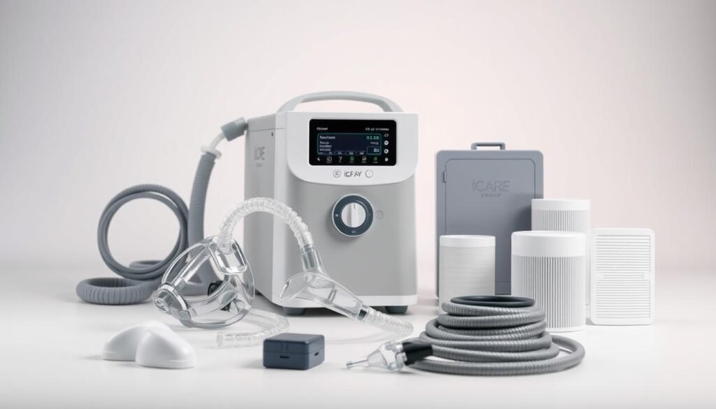 A high-quality image of the iCareCPAP sleep apnea machine accessories. Showcasing the device and its various components in a clean, well-lit studio setting. The foreground features the main machine unit, with a selection of compatible masks, tubing, and filters neatly arranged around it. The middle ground displays the machine's control panel and settings, while the background has a soft, out-of-focus gradient that helps the subject matter stand out. The lighting is soft and diffused, creating a professional, clinical atmosphere. The overall composition is balanced and visually appealing, emphasizing the technical nature and quality of the iCareCPAP accessories. A high-quality image of the iCareCPAP sleep apnea machine accessories. Showcasing the device and its various components in a clean, well-lit studio setting. The foreground features the main machine unit, with a selection of compatible masks, tubing, and filters neatly arranged around it. The middle ground displays the machine's control panel and settings, while the background has a soft, out-of-focus gradient that helps the subject matter stand out. The lighting is soft and diffused, creating a professional, clinical atmosphere. The overall composition is balanced and visually appealing, emphasizing the technical nature and quality of the iCareCPAP accessories.