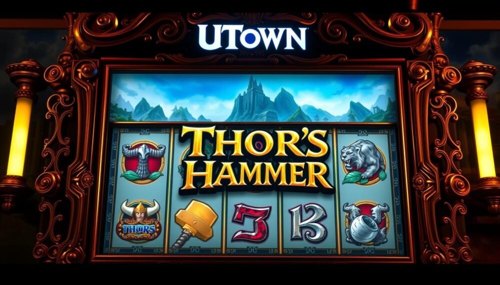 A lavish, ornate slot machine emblazoned with the UTown "Thor's Hammer" logo, set against a backdrop of a mythical Norse landscape. The machine's reels feature a variety of Viking-themed symbols, including Thor's hammer, runes, and ferocious tigers. Dramatic lighting casts dramatic shadows, evoking a sense of power and adventure. The overall scene conveys the excitement and potential rewards of the "Thor's Hammer" slot game experience.
