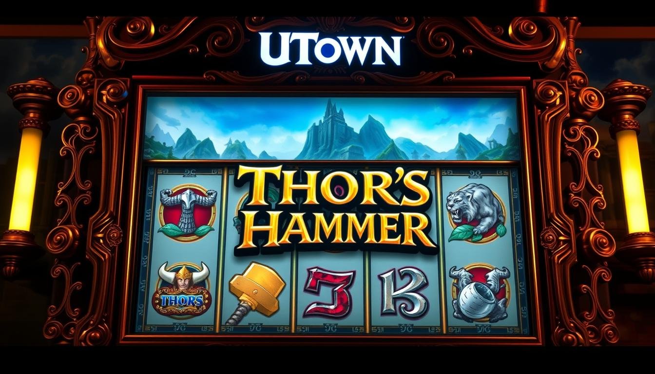 A lavish, ornate slot machine emblazoned with the UTown &quot;Thor's Hammer&quot; logo, set against a backdrop of a mythical Norse landscape. The machine's reels feature a variety of Viking-themed symbols, including Thor's hammer, runes, and ferocious tigers. Dramatic lighting casts dramatic shadows, evoking a sense of power and adventure. The overall scene conveys the excitement and potential rewards of the &quot;Thor's Hammer&quot; slot game experience.