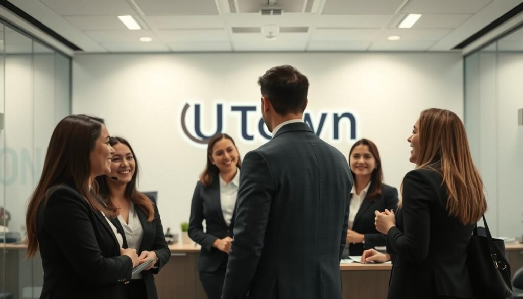 A professional customer service team in a sleek, modern office setting. In the foreground, several team members dressed in smart business attire are engaged in friendly conversations with customers, their faces warm and welcoming. In the middle ground, a supervisor oversees the operations, ensuring efficient and responsive service. The background features the UTown logo prominently displayed, conveying a sense of a well-established, reputable brand. Soft, diffused lighting creates a comfortable, approachable atmosphere, while the clean, minimalist design exudes professionalism and attention to detail. A professional customer service team in a sleek, modern office setting. In the foreground, several team members dressed in smart business attire are engaged in friendly conversations with customers, their faces warm and welcoming. In the middle ground, a supervisor oversees the operations, ensuring efficient and responsive service. The background features the UTown logo prominently displayed, conveying a sense of a well-established, reputable brand. Soft, diffused lighting creates a comfortable, approachable atmosphere, while the clean, minimalist design exudes professionalism and attention to detail.