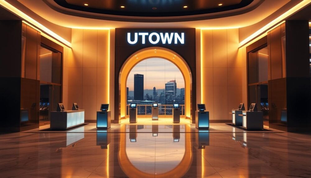 A sleek and sophisticated casino entrance with the UTown brand prominently displayed, illuminated by warm lighting that casts a inviting glow. The foreground features a smooth, polished marble floor leading up to a grand archway, framed by elegant columns. In the middle ground, a row of modern, minimalist cashier stations stand ready to assist customers with quick and efficient withdrawals. The background showcases a serene, calming vista of the city skyline, creating a sense of urban sophistication. The overall atmosphere evokes a feeling of exclusivity and high-end luxury, perfect for showcasing the fast, reliable withdrawal services of the u娛樂城.