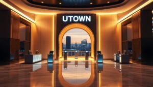 A sleek and sophisticated casino entrance with the UTown brand prominently displayed, illuminated by warm lighting that casts a inviting glow. The foreground features a smooth, polished marble floor leading up to a grand archway, framed by elegant columns. In the middle ground, a row of modern, minimalist cashier stations stand ready to assist customers with quick and efficient withdrawals. The background showcases a serene, calming vista of the city skyline, creating a sense of urban sophistication. The overall atmosphere evokes a feeling of exclusivity and high-end luxury, perfect for showcasing the fast, reliable withdrawal services of the u娛樂城.