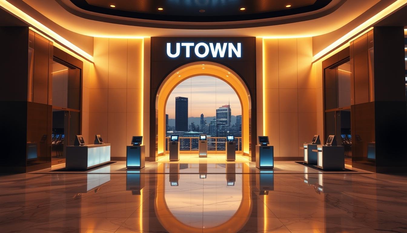 A sleek and sophisticated casino entrance with the UTown brand prominently displayed, illuminated by warm lighting that casts a inviting glow. The foreground features a smooth, polished marble floor leading up to a grand archway, framed by elegant columns. In the middle ground, a row of modern, minimalist cashier stations stand ready to assist customers with quick and efficient withdrawals. The background showcases a serene, calming vista of the city skyline, creating a sense of urban sophistication. The overall atmosphere evokes a feeling of exclusivity and high-end luxury, perfect for showcasing the fast, reliable withdrawal services of the u娛樂城.