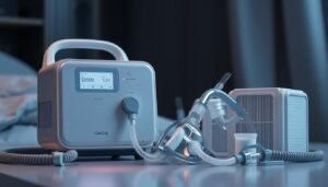 A sleek, modern iCareCPAP machine and its compatible accessories, meticulously crafted to ensure seamless integration and optimal performance. The machine's minimal, streamlined design is complemented by the precision-engineered accessories, each component intricately detailed to create a harmonious, high-tech aesthetic. Soft lighting illuminates the machine's control panel, casting a warm glow that conveys a sense of reliability and advanced technology. The accessories, including tubing, masks, and filters, are arranged in a visually appealing manner, emphasizing their compatibility and functionality. The overall scene exudes a sense of confidence and professionalism, reflecting the care and attention to detail put into the design and manufacture of the iCareCPAP system.