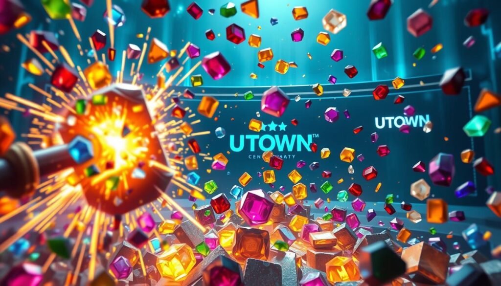 A sweeping, cinematic view of the "Thor's Hammer" game mechanic, where colorful gemstones of various shapes and sizes swirl and collide in an intricate dance of cascading destruction. The foreground showcases the dynamic, glowing impact of the hammer's strike, shattering the gems in a burst of energy. The middle ground reveals the kaleidoscopic patterns of the gems, their facets refracting light in mesmerizing patterns. In the background, a sleek, minimalist interface with the UTown logo hints at the game's high-tech, futuristic setting. The overall atmosphere is one of power, momentum, and a sense of strategic mastery over the game's cascading systems. A sweeping, cinematic view of the "Thor's Hammer" game mechanic, where colorful gemstones of various shapes and sizes swirl and collide in an intricate dance of cascading destruction. The foreground showcases the dynamic, glowing impact of the hammer's strike, shattering the gems in a burst of energy. The middle ground reveals the kaleidoscopic patterns of the gems, their facets refracting light in mesmerizing patterns. In the background, a sleek, minimalist interface with the UTown logo hints at the game's high-tech, futuristic setting. The overall atmosphere is one of power, momentum, and a sense of strategic mastery over the game's cascading systems.