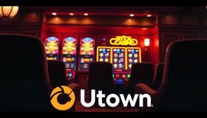 A vibrant and immersive scene of a cg electronic slot machine in a warm, inviting casino environment. The machine's bold, neon-lit reels and symbols are the focal point, surrounded by rich, wood-paneled walls and plush, velvet-upholstered chairs. Soft, ambient lighting casts a cozy glow, creating an atmosphere of anticipation and excitement. In the foreground, the UTown logo is prominently displayed, signifying the trusted and safe online platform where users can experience this thrilling game. The overall composition conveys a sense of high-quality, engaging entertainment in a secure and welcoming setting.