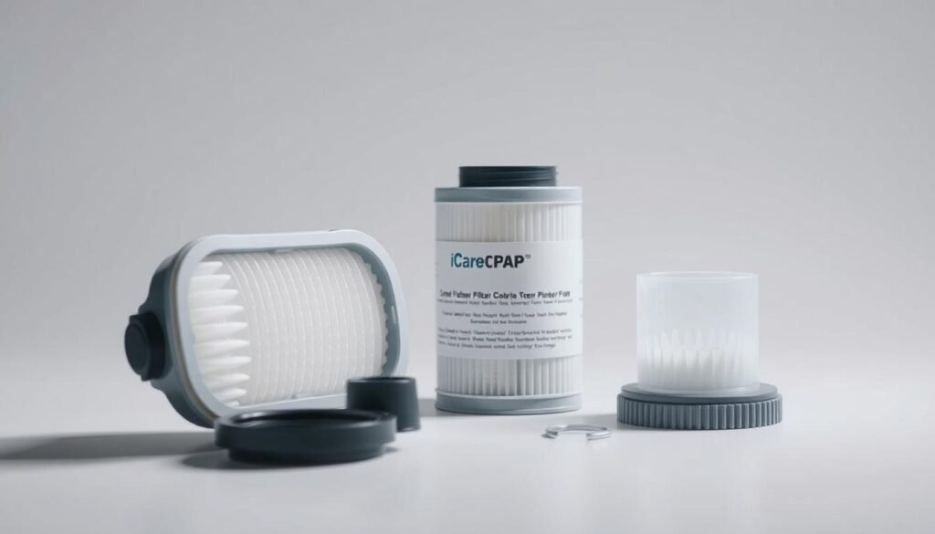A well-lit, close-up photograph of an iCareCPAP CPAP machine filter and its replacement components, showcasing the compatibility and interoperability of third-party parts. The filter is prominently displayed in the foreground, with a clean, white background. The image emphasizes the technical details and precise fit of the replacement parts, conveying a sense of quality and reliability. The lighting is soft and diffused, creating a clinical, yet approachable atmosphere. The camera angle is slightly elevated, providing a clear, unobstructed view of the filter and its accessories. A well-lit, close-up photograph of an iCareCPAP CPAP machine filter and its replacement components, showcasing the compatibility and interoperability of third-party parts. The filter is prominently displayed in the foreground, with a clean, white background. The image emphasizes the technical details and precise fit of the replacement parts, conveying a sense of quality and reliability. The lighting is soft and diffused, creating a clinical, yet approachable atmosphere. The camera angle is slightly elevated, providing a clear, unobstructed view of the filter and its accessories.
