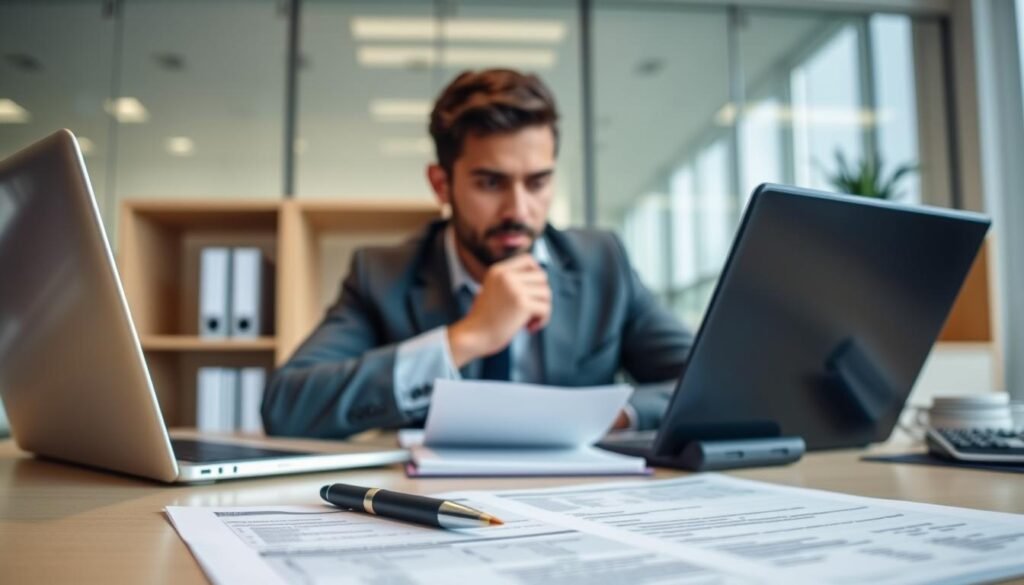A well-lit modern office desk with a laptop, pen, and calculator prominently displayed. In the foreground, financial documents and forms related to a personal loan application are neatly arranged. The middle ground features a thoughtful, focused businessperson evaluating the loan details, brow furrowed in concentration. The background is softly blurred, creating a sense of calm and deliberation. The overall mood is one of careful consideration and financial responsibility. A well-lit modern office desk with a laptop, pen, and calculator prominently displayed. In the foreground, financial documents and forms related to a personal loan application are neatly arranged. The middle ground features a thoughtful, focused businessperson evaluating the loan details, brow furrowed in concentration. The background is softly blurred, creating a sense of calm and deliberation. The overall mood is one of careful consideration and financial responsibility.