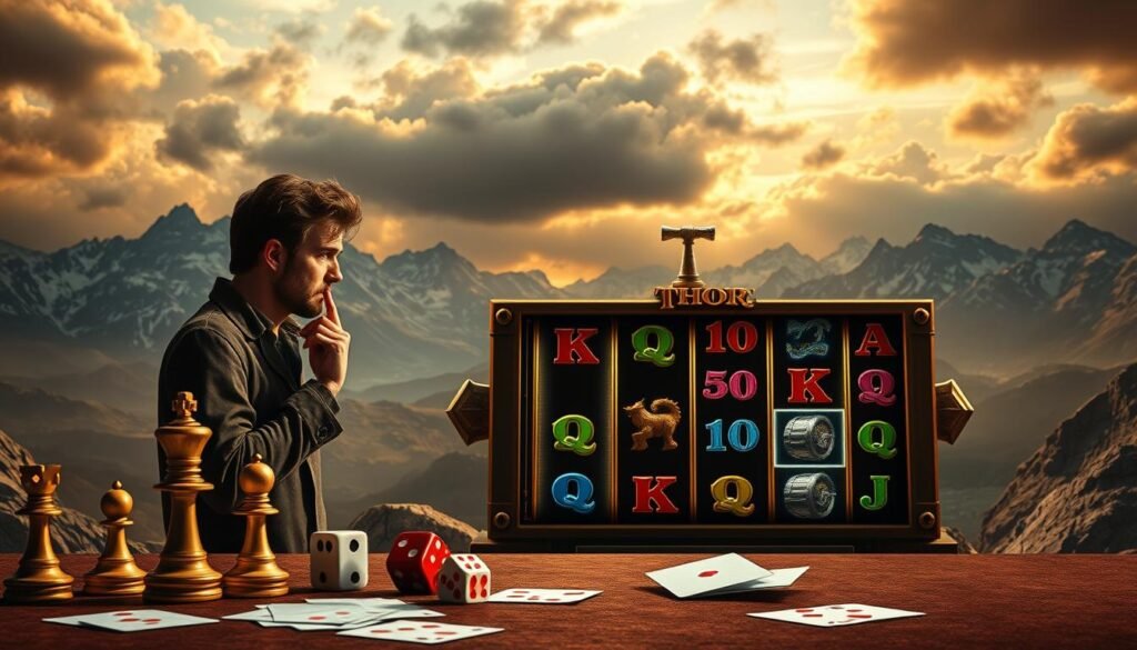 Cinematic scene depicting various investment strategies and their impact on the gameplay and user experience of the Norse mythology-inspired slot game "UTown's Thor's Hammer". A thoughtful man stands in the foreground, pondering over betting options represented by chess pieces, dice, and playing cards. In the middle ground, the reels of the slot machine spin, showcasing the game's symbols and mechanics. In the background, a grand, Nordic-inspired landscape unfolds, with majestic mountains, a cloudy sky, and the faint outline of the mythical hammer Mjolnir visible in the distance. Warm, golden lighting casts a contemplative mood over the entire scene. Cinematic scene depicting various investment strategies and their impact on the gameplay and user experience of the Norse mythology-inspired slot game "UTown's Thor's Hammer". A thoughtful man stands in the foreground, pondering over betting options represented by chess pieces, dice, and playing cards. In the middle ground, the reels of the slot machine spin, showcasing the game's symbols and mechanics. In the background, a grand, Nordic-inspired landscape unfolds, with majestic mountains, a cloudy sky, and the faint outline of the mythical hammer Mjolnir visible in the distance. Warm, golden lighting casts a contemplative mood over the entire scene.