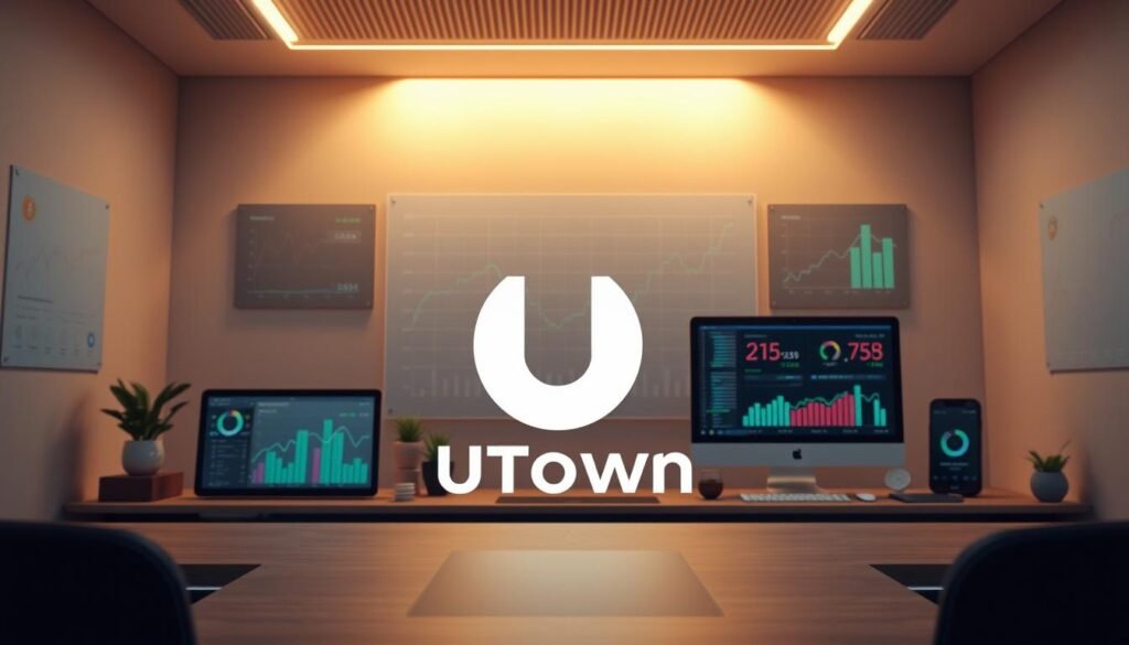 Detailed, real-time visualization of a financial management strategy, showcasing a balanced investment portfolio with a mix of savings, stocks, and cryptocurrency. Prominent UTown logo in the foreground, with charts, graphs, and digital devices displaying financial data in the middle ground. A serene, minimalist background with muted colors and clean lines, conveying a sense of control and organization. Warm, directional lighting from the top-left, creating depth and highlighting the key elements. An authoritative, yet approachable aesthetic that inspires confidence in the viewer's financial decision-making process. Detailed, real-time visualization of a financial management strategy, showcasing a balanced investment portfolio with a mix of savings, stocks, and cryptocurrency. Prominent UTown logo in the foreground, with charts, graphs, and digital devices displaying financial data in the middle ground. A serene, minimalist background with muted colors and clean lines, conveying a sense of control and organization. Warm, directional lighting from the top-left, creating depth and highlighting the key elements. An authoritative, yet approachable aesthetic that inspires confidence in the viewer's financial decision-making process.
