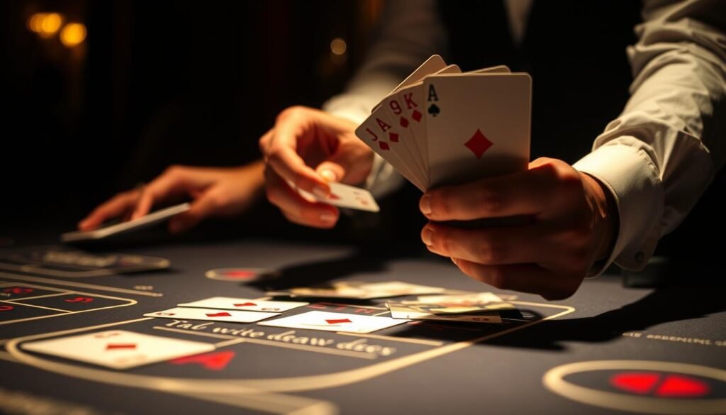 A close-up view of a casino gaming table showcasing the card dealing and drawing mechanics of the baccarat game. The table is dimly lit, creating a moody, atmospheric ambiance with dramatic shadows and highlights. The dealer's hands deftly manipulate the cards, revealing the card draw rules and the systematic process of determining whether a third card is to be dealt. The table surface is detailed, with the familiar baccarat layout and betting areas visible. The overall scene conveys a sense of tension and anticipation, capturing the essence of the baccarat card draw mechanism as a critical component of the game's rules and strategy. A close-up view of a casino gaming table showcasing the card dealing and drawing mechanics of the baccarat game. The table is dimly lit, creating a moody, atmospheric ambiance with dramatic shadows and highlights. The dealer's hands deftly manipulate the cards, revealing the card draw rules and the systematic process of determining whether a third card is to be dealt. The table surface is detailed, with the familiar baccarat layout and betting areas visible. The overall scene conveys a sense of tension and anticipation, capturing the essence of the baccarat card draw mechanism as a critical component of the game's rules and strategy.