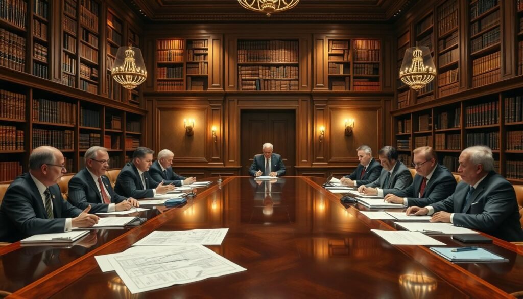 A grand, ornate conference room with a long, polished wooden table at the center. Shelves of leather-bound books line the walls, casting a warm, scholarly glow. Soft, indirect lighting illuminates the space, creating a sense of contemplation and historical significance. In the foreground, a group of distinguished-looking individuals, dressed in suits and ties, are engaged in a lively discussion, gesturing animatedly as they pore over documents and blueprints spread out before them. The scene evokes a sense of the evolution of gaming rules and regulations, with the attendees representing the key figures and institutions that have shaped the history of baccarat over time. A grand, ornate conference room with a long, polished wooden table at the center. Shelves of leather-bound books line the walls, casting a warm, scholarly glow. Soft, indirect lighting illuminates the space, creating a sense of contemplation and historical significance. In the foreground, a group of distinguished-looking individuals, dressed in suits and ties, are engaged in a lively discussion, gesturing animatedly as they pore over documents and blueprints spread out before them. The scene evokes a sense of the evolution of gaming rules and regulations, with the attendees representing the key figures and institutions that have shaped the history of baccarat over time.