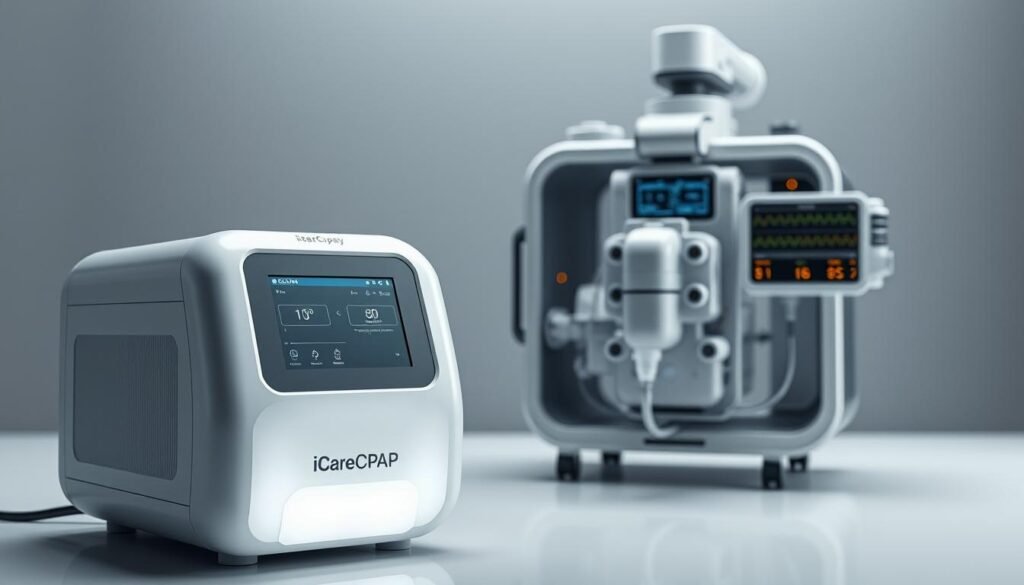 A high-resolution image of a sleek, modern sleep apnea machine and a respiratory ventilator. The sleep apnea machine, labeled "iCareCPAP", is prominently displayed in the foreground, its clean white exterior and intuitive control panel illuminated by soft, diffused lighting. In the middle ground, the respiratory ventilator is visible, its complex mechanisms and display panels conveying its advanced medical functionality. The background features a minimalist, clinical setting with subtle gray tones, emphasizing the technological and medical nature of the devices. The overall composition and lighting create a sense of precision, innovation, and the reliable performance of these essential medical devices.