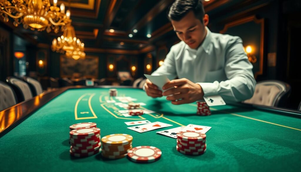 A lavishly detailed, high-resolution rendering of the fundamental concepts and gameplay of the classic casino game Baccarat. In the foreground, a green felt-topped table with elegant wooden trim, the iconic Baccarat cards and chips arranged neatly. In the middle ground, a croupier in a crisp white uniform expertly dealing the cards, their hands a blur of motion. In the background, a dimly lit, opulent casino interior, with gilded chandeliers and plush, velvet-upholstered furniture, evoking an atmosphere of sophistication and high stakes. Dramatic chiaroscuro lighting casts dramatic shadows, heightening the sense of drama and anticipation. The scene exudes an air of timeless elegance and the thrill of the game. A lavishly detailed, high-resolution rendering of the fundamental concepts and gameplay of the classic casino game Baccarat. In the foreground, a green felt-topped table with elegant wooden trim, the iconic Baccarat cards and chips arranged neatly. In the middle ground, a croupier in a crisp white uniform expertly dealing the cards, their hands a blur of motion. In the background, a dimly lit, opulent casino interior, with gilded chandeliers and plush, velvet-upholstered furniture, evoking an atmosphere of sophistication and high stakes. Dramatic chiaroscuro lighting casts dramatic shadows, heightening the sense of drama and anticipation. The scene exudes an air of timeless elegance and the thrill of the game.
