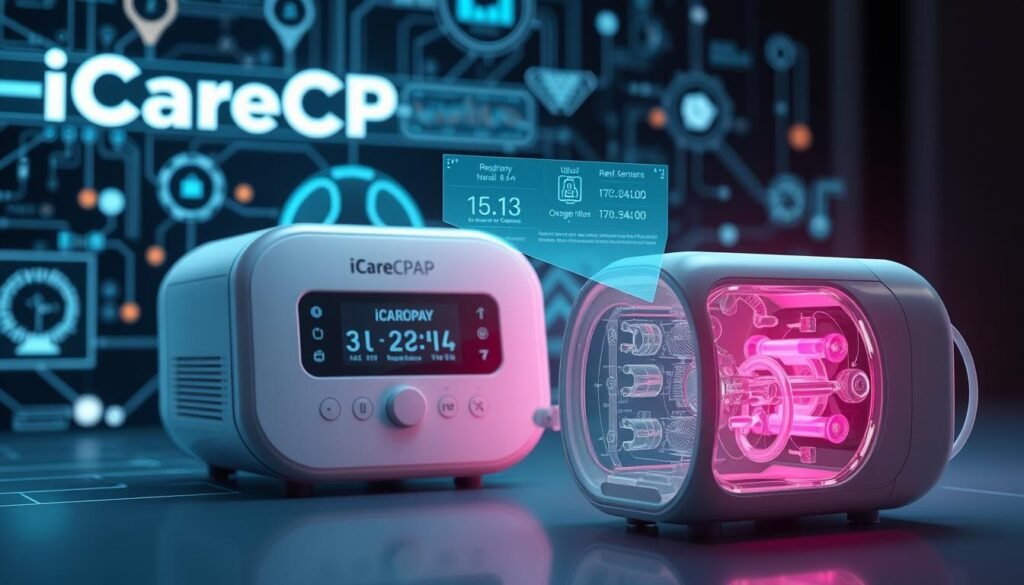 A sleek, modern respiratory device emblazoned with the "iCareCPAP" logo, situated against a backdrop of interconnected digital displays and sensors. The device's streamlined design features intuitive touch controls, while a holographic interface projects real-time data on respiratory patterns, oxygen levels, and patient vitals. Soft, ambient lighting illuminates the scene, creating a sense of technological sophistication and patient-centric care. In the foreground, a 3D-rendered model of the device's internal architecture showcases the integration of IoT sensors and wireless connectivity, highlighting the device's ability to remotely monitor and adjust settings for optimal respiratory support.