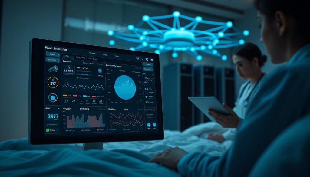 A state-of-the-art iCareCPAP remote monitoring system, showcasing a sleek, futuristic interface. The foreground depicts a digital dashboard displaying real-time data from a patient's sleep apnea device, with intuitive visualizations and controls. The middle ground features a remote healthcare provider, consulting the patient's metrics on a high-resolution tablet. In the background, a network of interconnected devices and servers, symbolizing the seamless integration of IoT technology. Soft, ambient lighting and a muted color palette convey a sense of medical professionalism and technological sophistication, highlighting the necessity and advantages of remote monitoring for sleep apnea management.