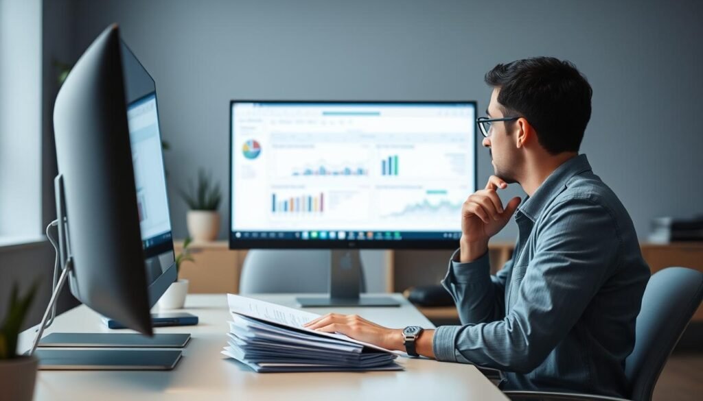 A well-lit office scene with a desktop computer, a stack of financial documents, and a person thoughtfully analyzing data on the screen. The environment should convey a sense of focused concentration and strategic planning. Subtle hues of blue and gray create a professional, analytical atmosphere. Shallow depth of field to draw the viewer's attention to the central analysis activity. Modern, minimalist furniture and decor elements. Indirect, soft lighting from overhead sources, casting gentle shadows. An air of quiet determination as the person works to optimize the loan application process.