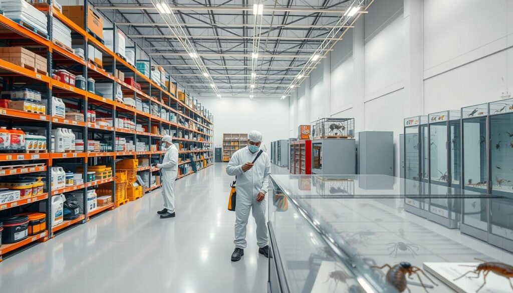 A modern, well-equipped iCareCPAP pest control facility. A large, brightly lit warehouse interior with rows of shelves stocked with insecticides, traps, and other extermination equipment. In the foreground, a team of professional exterminators dressed in protective gear inspect and prepare their tools. The mid-ground showcases a variety of insect specimens displayed in glass cases, highlighting the company's expertise. The background features a clean, clinical aesthetic with white walls and high ceilings, conveying a sense of efficiency and professionalism. Soft, even lighting illuminates the scene, emphasizing the orderly and hygienic nature of the iCareCPAP pest control service.