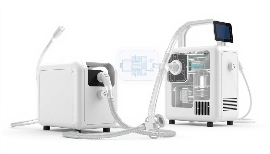 A detailed, technical illustration of the iCareCPAP sleep apnea machine. Show the device from multiple angles, highlighting its key components and functionality. Depict the machine in a well-lit, clinical setting with a white or light gray background. Render the device with a high level of realism, showcasing its sleek, modern design and precise engineering. Include the main unit, air hose, and mask in the foreground, with the air intake and exhaust vents visible. In the middle ground, show the internal workings and airflow mechanism. In the background, display a schematic diagram or cross-section illustrating the machine's operating principles. Convey a sense of professionalism, quality, and medical expertise.