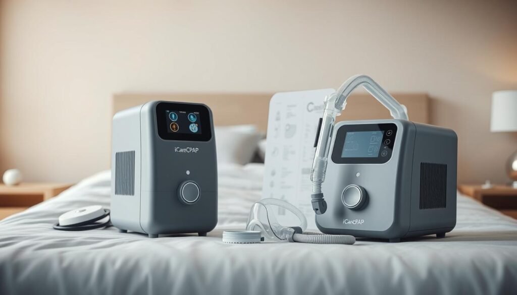 A sleek, modern medical device depicting a high-quality sleep apnea CPAP machine. The foreground showcases the iCareCPAP device, with a clean, minimalist design in a muted grey color. The middle ground features various CPAP accessories, such as tubing, face masks, and humidifier components, arranged in an organized, informative manner. The background depicts a serene, calming environment, like a bedroom or clinical setting, with soft lighting and muted tones to convey a sense of tranquility and health. The overall composition emphasizes the advanced technology, user-friendly features, and medical efficacy of the iCareCPAP device, positioning it as a reliable solution for sleep apnea treatment.