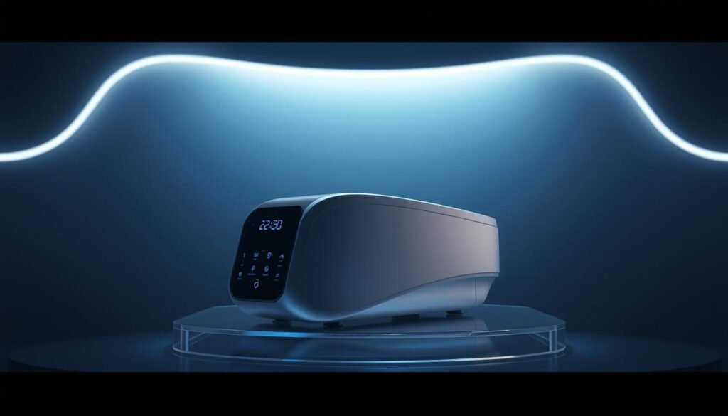 A high-tech iCareCPAP intelligent ventilator against a dimly lit, futuristic backdrop. The device is sleek and modern, with glowing blue indicator lights and touch controls. It rests on a transparent platform, casting soft shadows. The atmosphere is serene and contemplative, evoking the gentle rhythm of breathing. Diffused lighting from above illuminates the ventilator, highlighting its elegant, ergonomic design. The scene conveys the integration of advanced technology with the fundamental human need for restful, restorative sleep. A high-tech iCareCPAP intelligent ventilator against a dimly lit, futuristic backdrop. The device is sleek and modern, with glowing blue indicator lights and touch controls. It rests on a transparent platform, casting soft shadows. The atmosphere is serene and contemplative, evoking the gentle rhythm of breathing. Diffused lighting from above illuminates the ventilator, highlighting its elegant, ergonomic design. The scene conveys the integration of advanced technology with the fundamental human need for restful, restorative sleep.