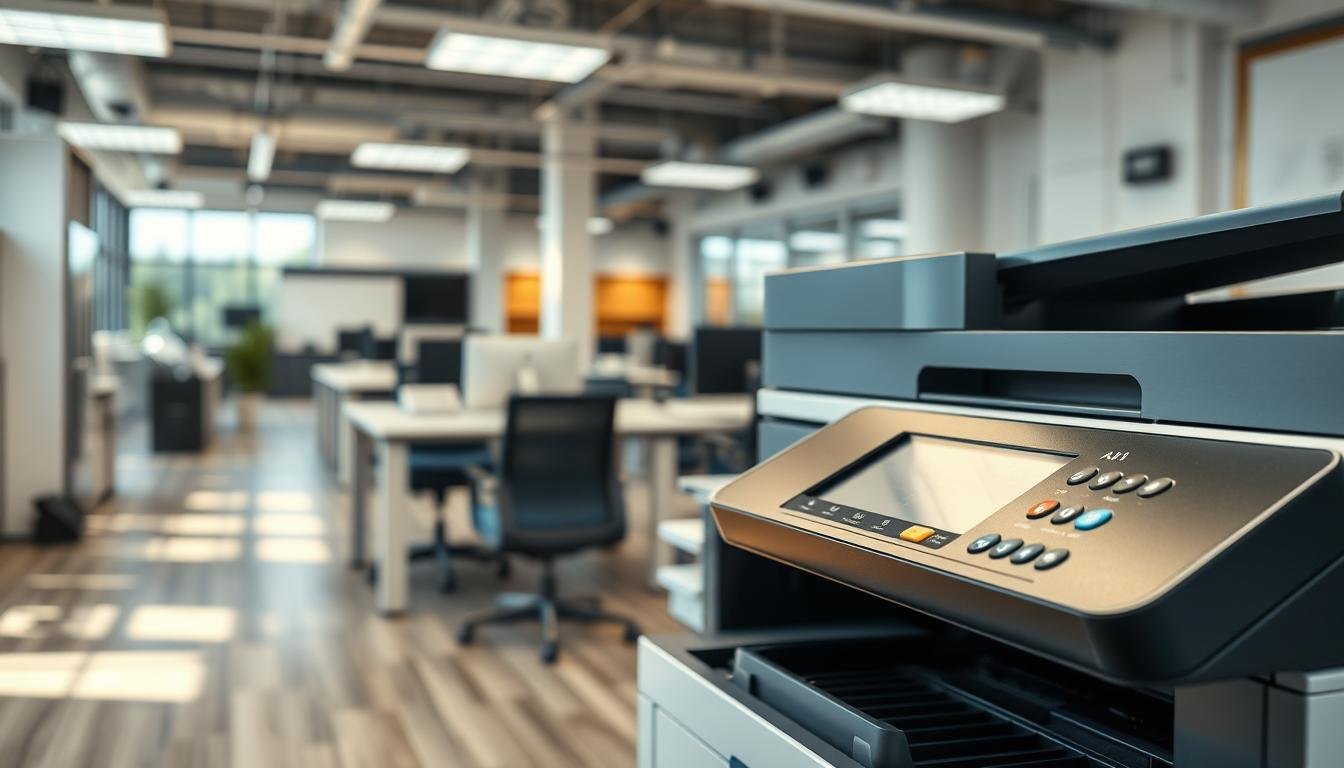 A detailed scene focusing on a modern A4 photocopier in an office environment, capturing its electrical components and power management features. In the foreground, the photocopier is prominently displayed, showcasing its control panel with visible power indicators and energy-saving buttons. In the middle ground, a well-organized workspace with power outlets and cables neatly arranged, emphasizing proper wiring and ventilation. The background features an open office layout with natural light streaming in, illuminating the overall setup, creating a professional and efficient atmosphere. The image should have a crisp, high-resolution appearance, taken from a slight angle to convey depth, and evoke a sense of productivity and organization.