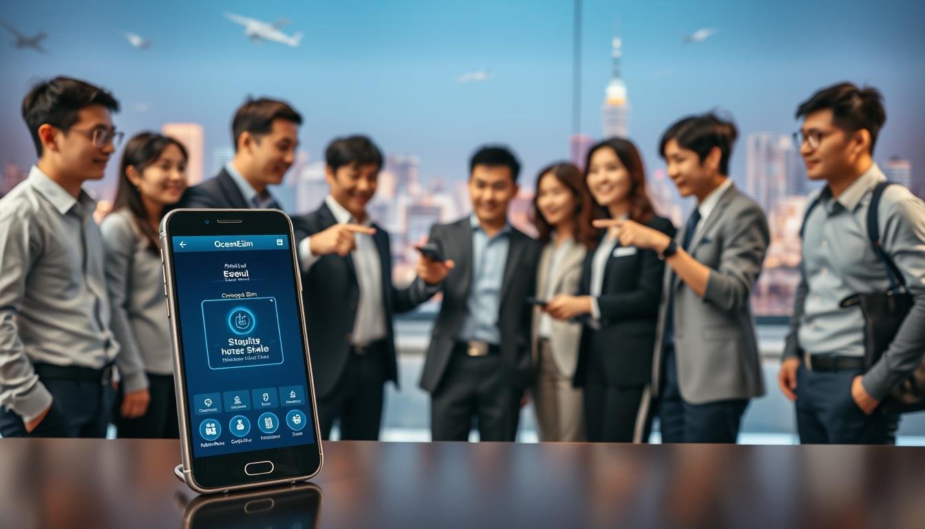 A professional and modern setting showcasing the OceanEsim eSIM service in South Korea. The foreground features a sleek smartphone displaying the OceanEsim app interface, with vibrant graphics symbolizing connectivity and stability. In the middle, a diverse group of young professionals in smart casual attire are engaged in discussion, pointing at the phone with excitement, symbolizing collaboration and communication. The background features a stylized cityscape of Seoul, with iconic landmarks subtly visible, enhanced by soft, warm lighting that creates an inviting atmosphere. The scene should emphasize a sense of innovation and reliability, with a clear focus on the device and user interaction, captured with a shallow depth of field to maintain visual clarity on the foreground elements.