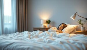 A serene bedroom scene showcasing the strong connection between sleep quality and eczema treatment. In the foreground, a cozy bed with soft, inviting sheets, complete with a woman in professional modest attire peacefully sleeping. The middle layer features calming elements like a bedside table with a glass of water and a small plant, symbolizing health and wellness. In the background, gentle moonlight filters through sheer curtains, creating a relaxing atmosphere. Soft, warm lighting envelops the entire scene, promoting a sense of tranquility. The focus is on the interplay of a peaceful sleep environment and its significance in managing eczema, evoking a calming and supportive mood that emphasizes healing and comfort.