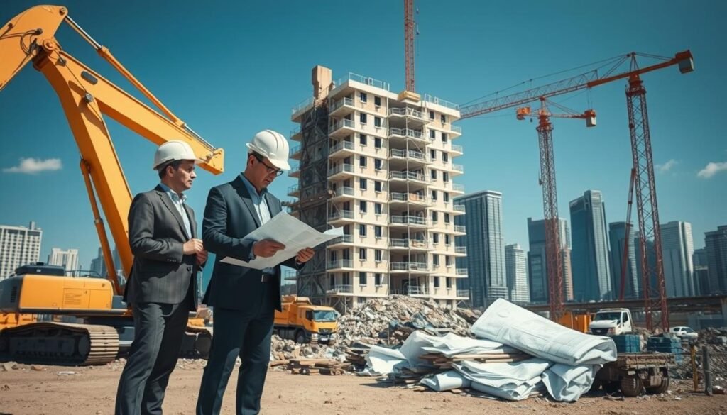 A detailed depiction of a demolition engineering site capturing the essence of "清拆工程的定義與重要性". In the foreground, a group of professional engineers in business attire examines architectural blueprints while standing next to heavy machinery like excavators and cranes. The middle ground highlights a partially demolished office building, showcasing scaffolding and debris, emphasizing the complexity and meticulous planning involved in demolition processes. In the background, a clear blue sky contrasts with a city skyline, hinting at future development post-demolition. The lighting is bright and natural, casting shadows that add depth to the scene. The mood is focused and industrious, reflecting the importance of careful planning in demolition projects.
