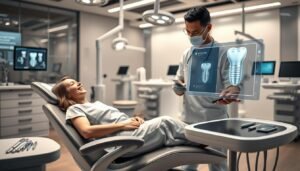 A highly detailed and realistic 3D rendering of advanced computer-assisted dental implant technology in action. In the foreground, a sleek dental chair with a patient in modest casual clothing, relaxed and comfortable. A professional dentist, dressed in white medical scrubs, is using a futuristic digital interface that displays 3D navigation software, showcasing a virtual implant placement on a holographic screen. The middle ground features dental tools and equipment neatly arranged, with soft, focused lighting highlighting the intricate details. In the background, a high-tech dental clinic filled with state-of-the-art machinery, ambient lighting creating a calm, professional atmosphere. The overall mood conveys innovation and trust in dental care technology.