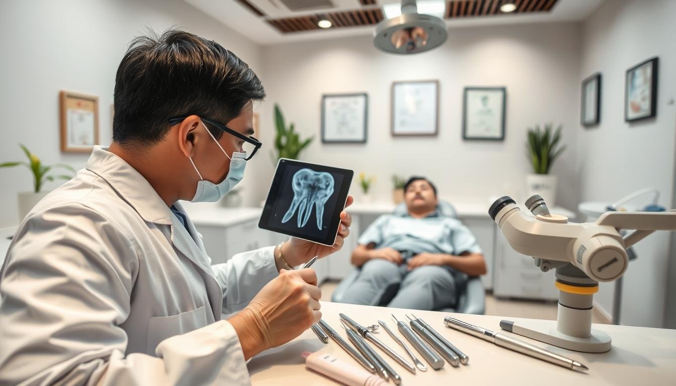 A professional dental clinic in Hong Kong, focusing on the tooth preservation process during root canal treatment. In the foreground, a dentist in a white coat skillfully examines a patient's X-ray, while the patient sits comfortably in the dental chair, appearing relaxed. In the middle ground, dental tools and equipment are neatly arranged, showcasing precision instruments like files and a microscope used for the procedure. The background features a modern, well-lit dental office with calming colors, incorporating elements like decorative plants and certificates on the wall. Soft, diffused lighting creates a warm atmosphere, highlighting the importance of dental care. The angle is slightly above eye level to capture the busy yet peaceful environment, emphasizing professionalism and patient care.