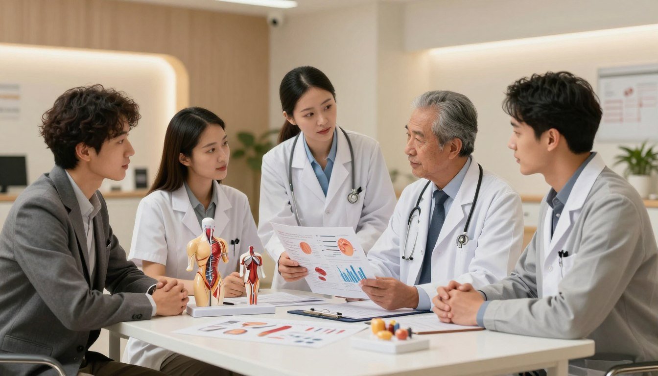 A professional scene depicting various methods for male enhancement, focusing on analysis and education. In the foreground, a neatly arranged table displays anatomical models and diagrams, illustrating different enhancement techniques in a scientific manner. The middle ground features a diverse group of professionals, including a male and female doctor in business attire, engaged in a thoughtful discussion while reviewing anatomical charts and graphs. The background is a modern clinic with soft, warm lighting and contemporary decor, creating a cozy yet informative atmosphere. Capture the image at eye level, using a warm color palette to evoke a sense of professionalism and welcoming ambiance, emphasizing the educational aspect of the methods discussed.