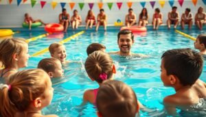 A vibrant, engaging scene depicting children in a swimming class, focusing on their social interactions and learning swimming techniques. In the foreground, a diverse group of children, aged 6-10, actively interact, some practicing strokes with the encouragement of their peers. Nearby, a friendly instructor demonstrates proper swimming techniques, showcasing an approachable demeanor. In the middle ground, the clear blue water of the pool reflects soft sunlight, while cheerful splashes add energy to the scene. In the background, colorful pool floats and a cheering group of parents can be seen, enhancing the atmosphere of community and support. The lighting is bright and warm, conveying a joyful learning environment. The image is shot at a slightly elevated angle, capturing both the children’s faces and their interactions.