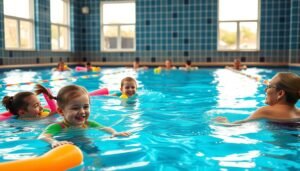 A vibrant indoor swimming pool scene showcasing two separate classes: a children's swimming class and an adult swimming class. In the foreground, children aged 6-10 are happily engaged in a lesson with a certified instructor, using colorful pool noodles and floating toys. In the middle, adults aged 30-50 are practicing strokes under the guidance of a different instructor focused on proper form. The background reveals a large window letting in bright natural light, illuminating the clear blue water and shimmering tiles. Soft reflections dance on the water’s surface, creating a cheerful, inviting atmosphere. The overall mood is energetic and motivational, capturing the essence of learning and community in a swimming environment.